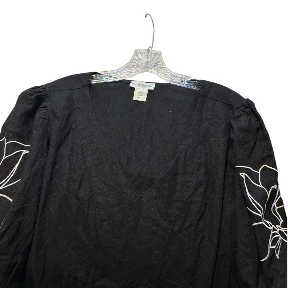 Cynthia Rowley Linen Boho Blouse Size 3X Black White Floral V-Neck Puff Sleeve - Picture 4 of 6